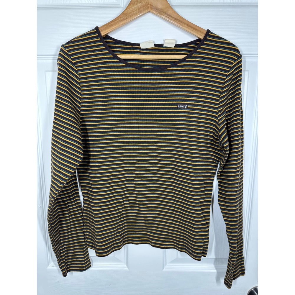 Levi's Top Womens XL Brown Yellow Striped Rib Knit Long Sleeve Crew Neck 7410